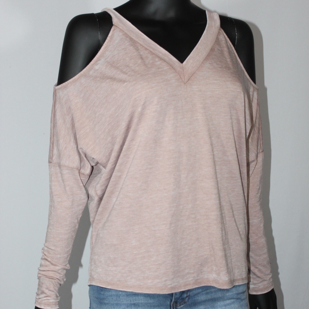 Express Pale Rose Long Sleeve, Cold-Shoulder V-Neck Tee, XS